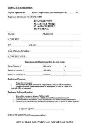 9 août - bulletin inscription troc et puces - fc mégalithes - CARNAC